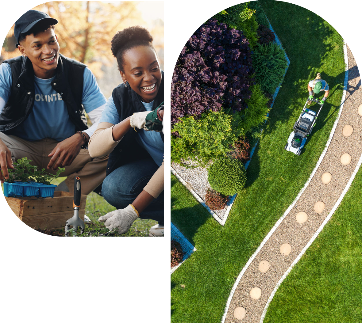 People gardening and mowing a lawn.